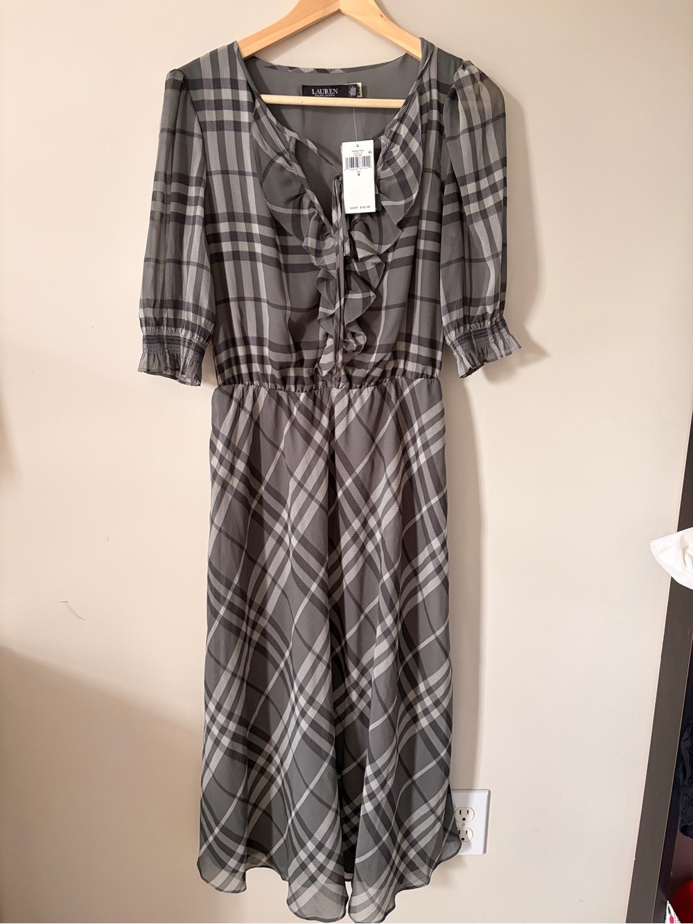 Ralph Lauren Gray Plaid Ruffle-Front Long Sleeve Dress